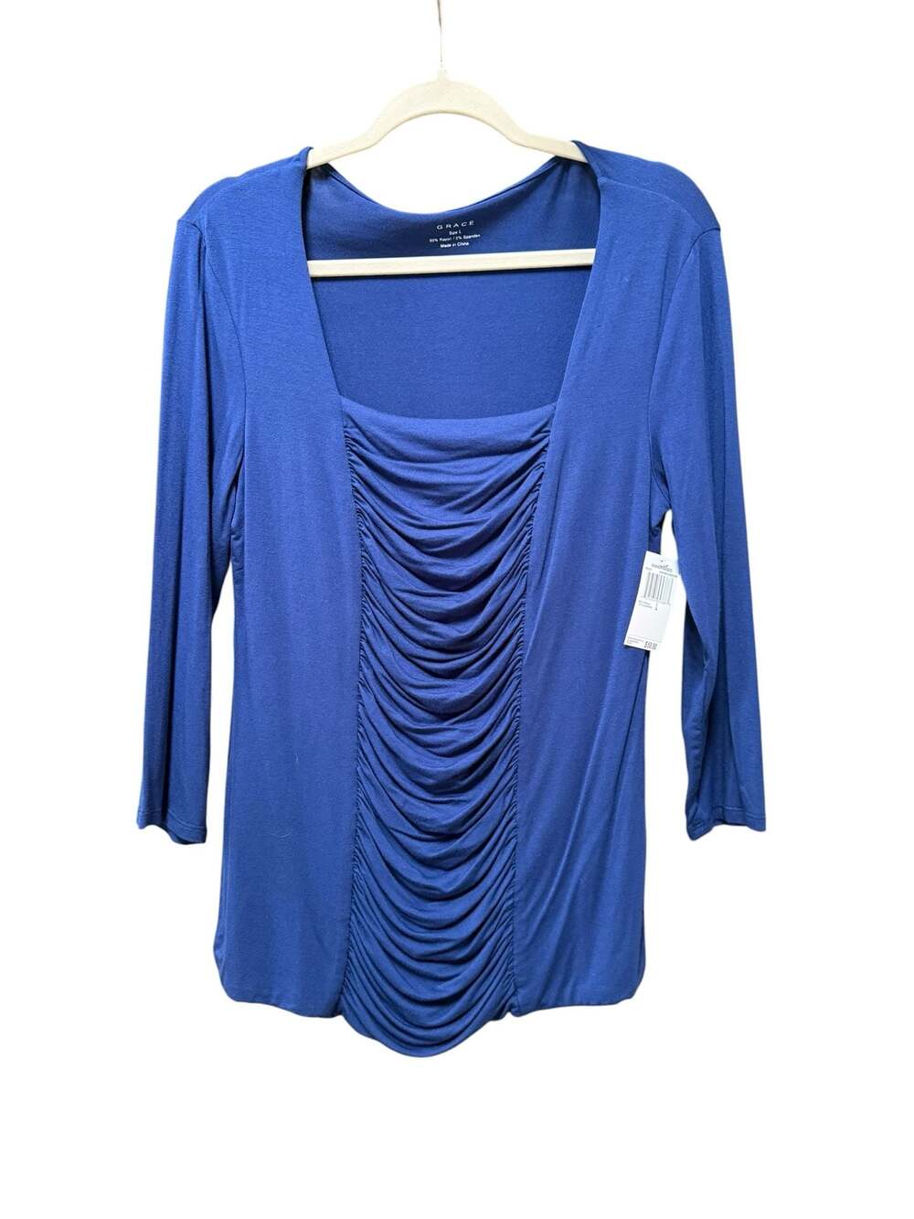 Grace Elements Royal Blue Ruched Front 3/4 Sleeve Square Neck Top